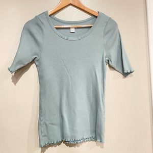 Sundance Catalog blouse top size Large  solid green round neck  short sleeve